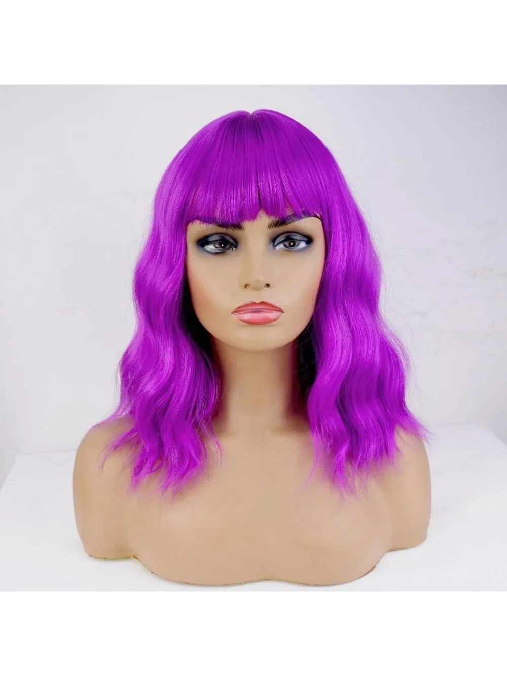 Women's Violet 14 Inch Heat Resistant Short Bangs Bob Modern Wavy Wigs